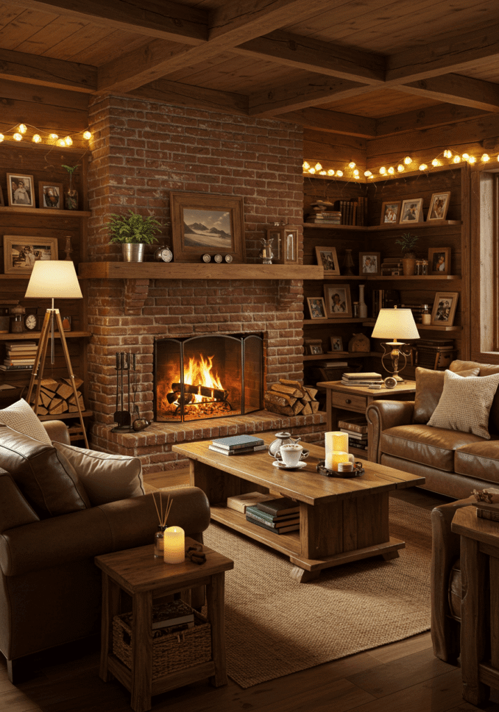 Cabin-Style Living Room with a Brick Fireplace
