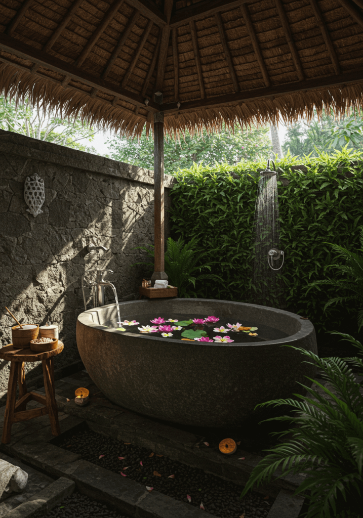 Balinese-Inspired Open-Air Tub with Floating Flowers