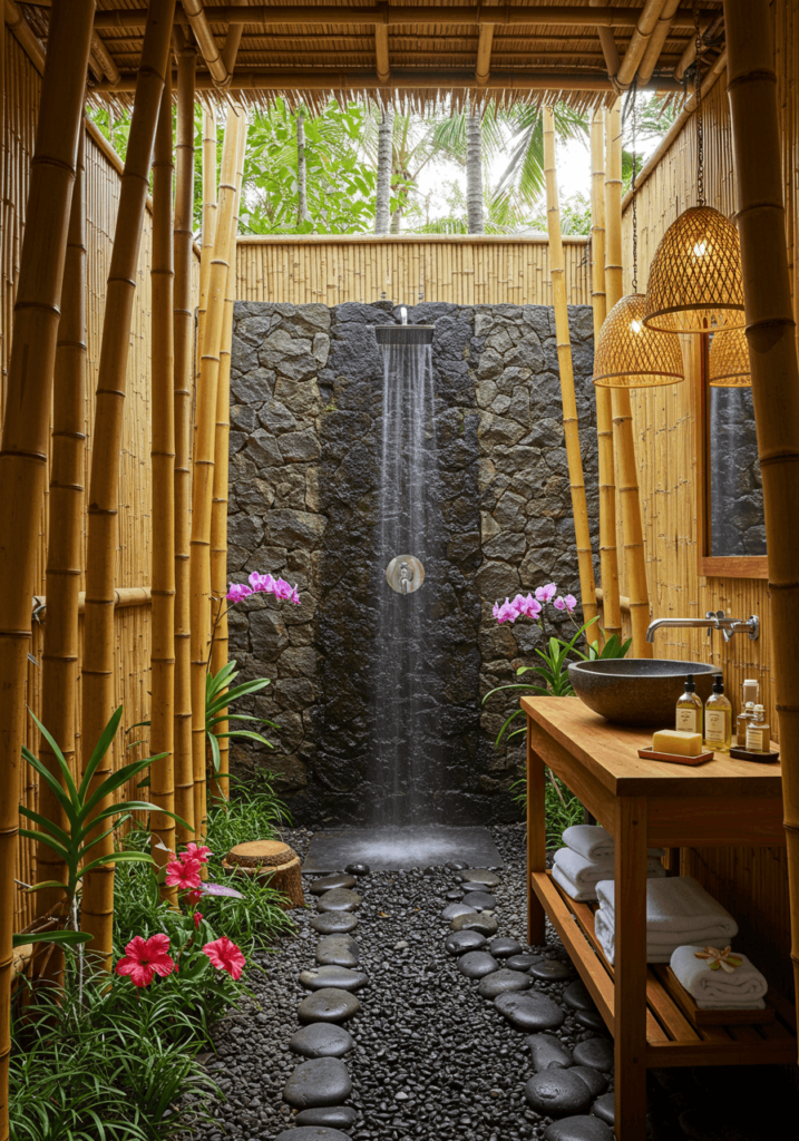 Bamboo-Wrapped Shower with Waterfall & Stone Walls