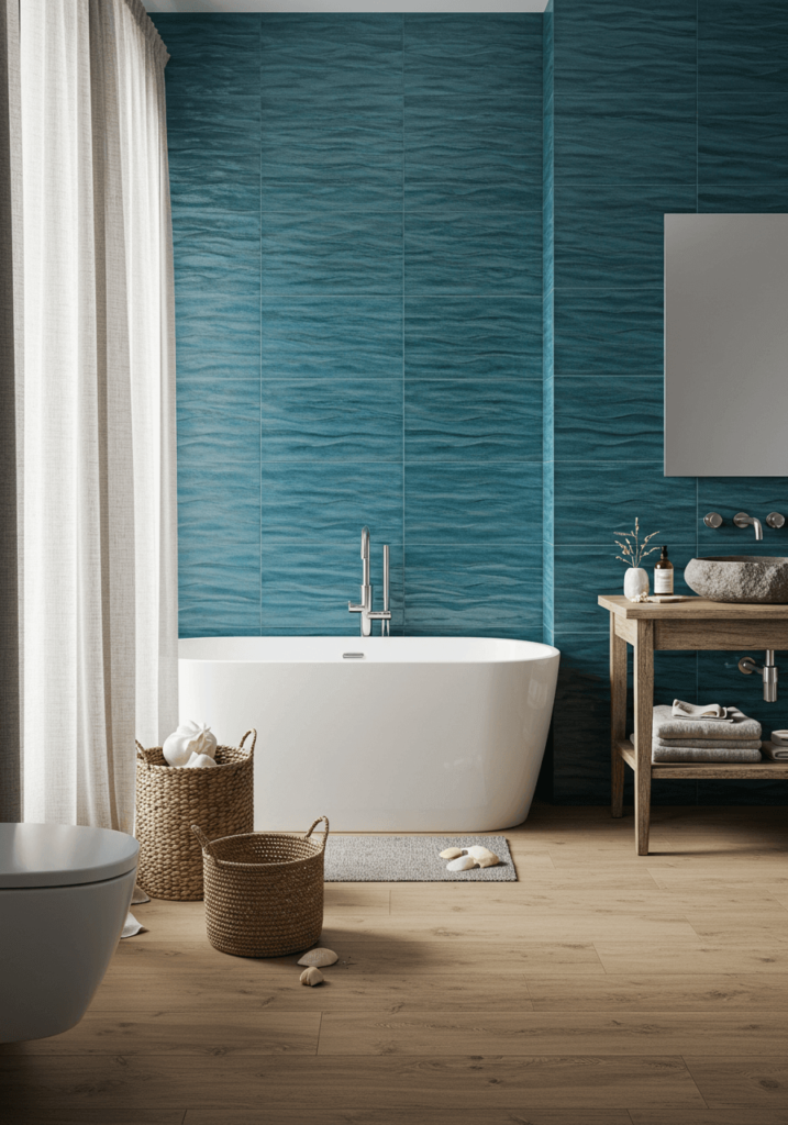 Beach-Inspired Deep Blue Tile Bathroom