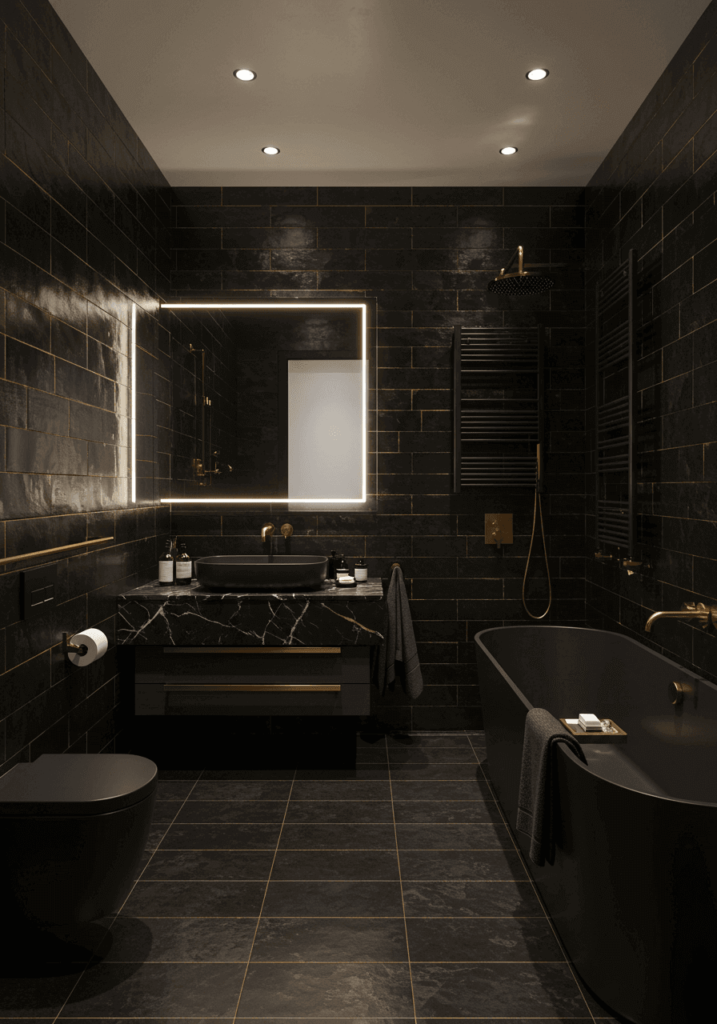 Black Subway Tiles with Gold Accents