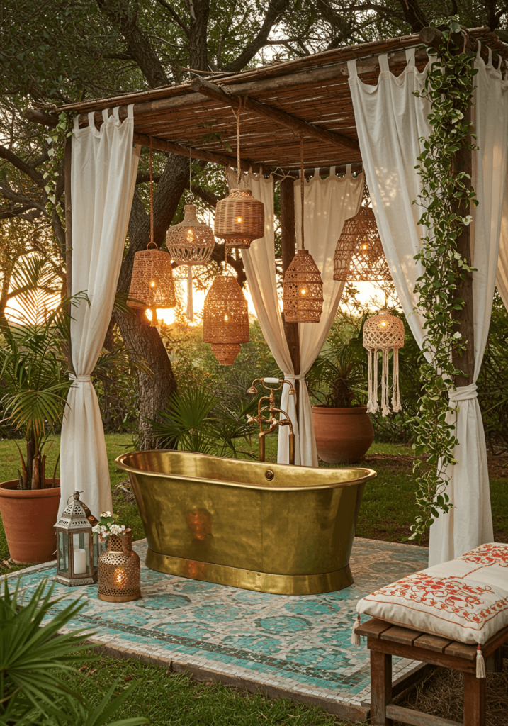 Bohemian Outdoor Bath with Brass Tub & Mosaic Floor