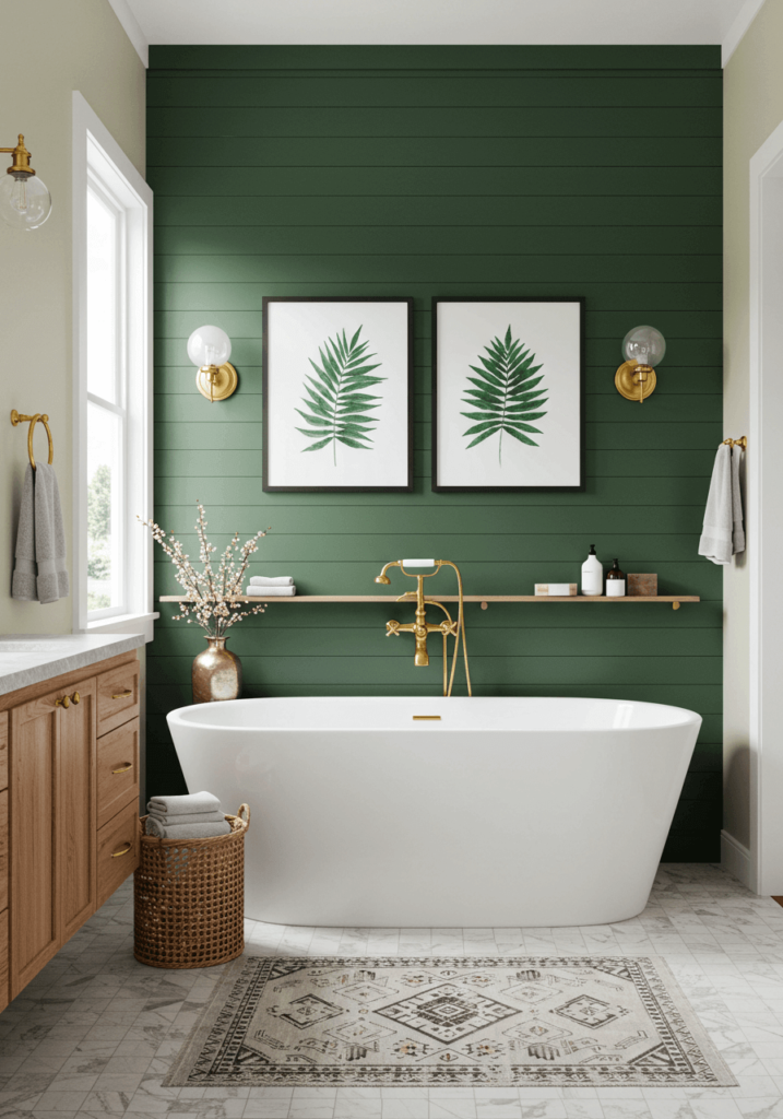 Bold Bathroom with a Green Shiplap Accent Wall