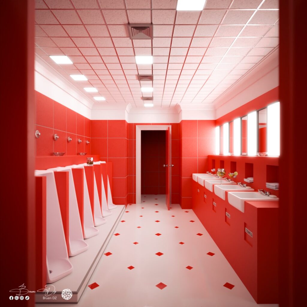 Bold & Modern Red-Themed Public Restroom
