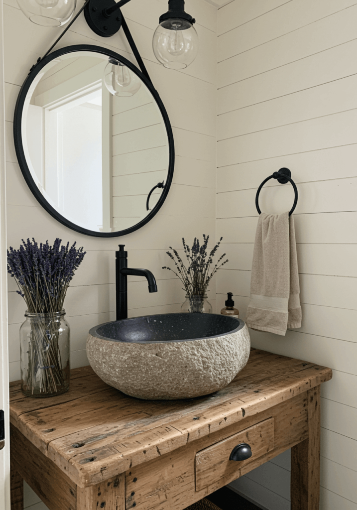 Charming Powder Room with a Stone Vessel Sink