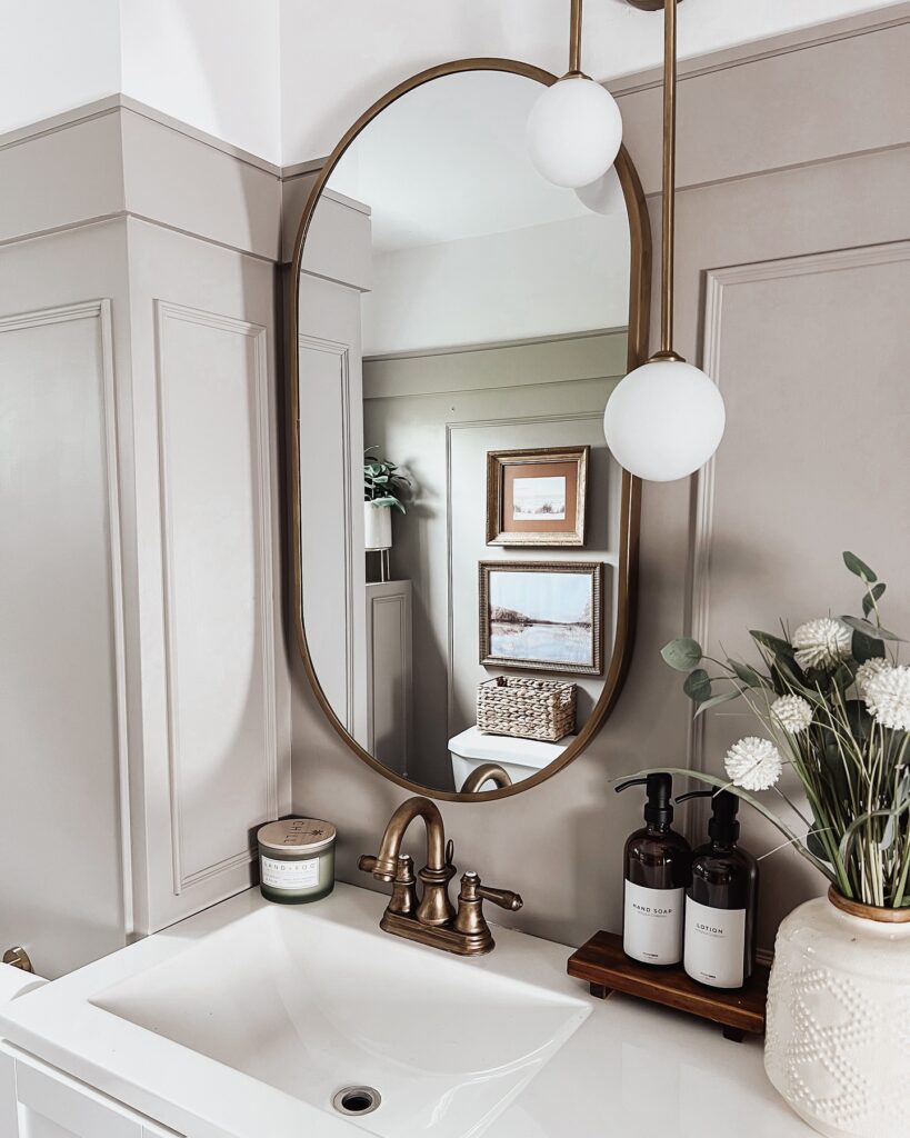 Chic Oval Mirror & Pendant Light Bathroom Vanity

