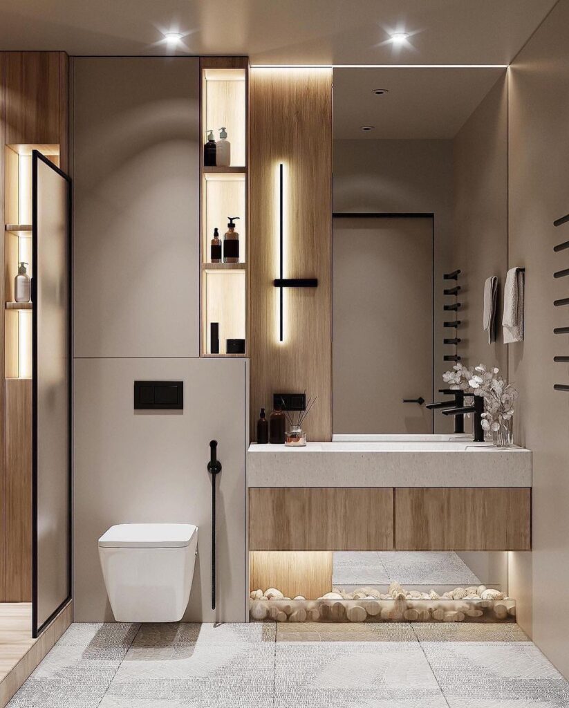 Contemporary Bathroom with Warm Wood Accents

