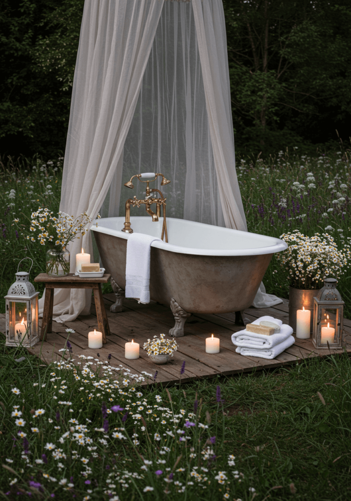 Cozy Clawfoot Tub Outdoor Bath with Wildflowers