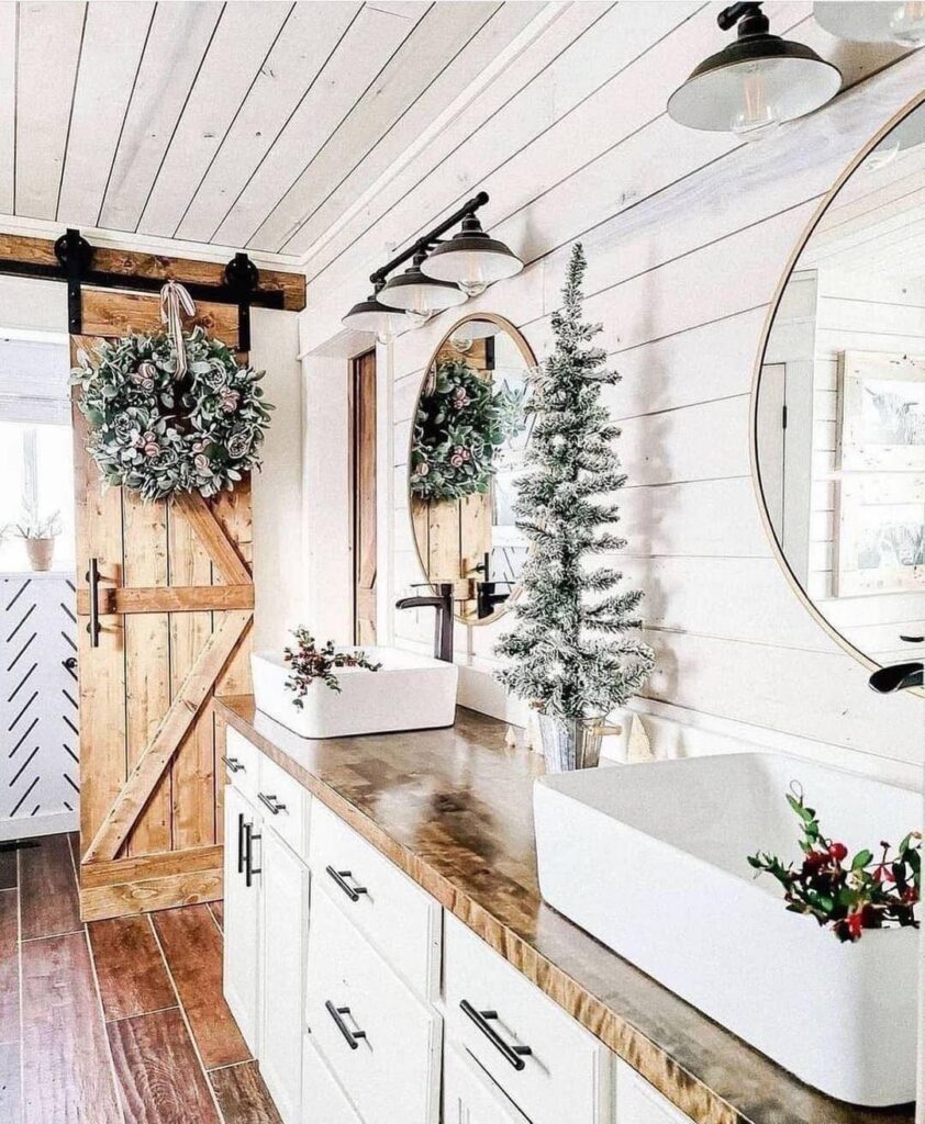 Cozy Farmhouse Holiday Bathroom
