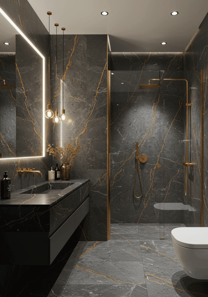 Dramatic Gray Marble & Gold Bathroom