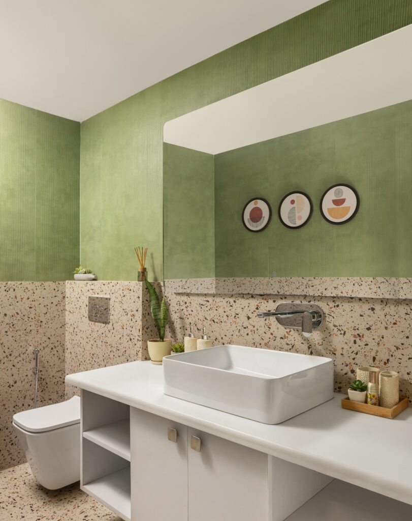 Earthy Elegance A Modern Bathroom with Green and Terrazzo Accents
