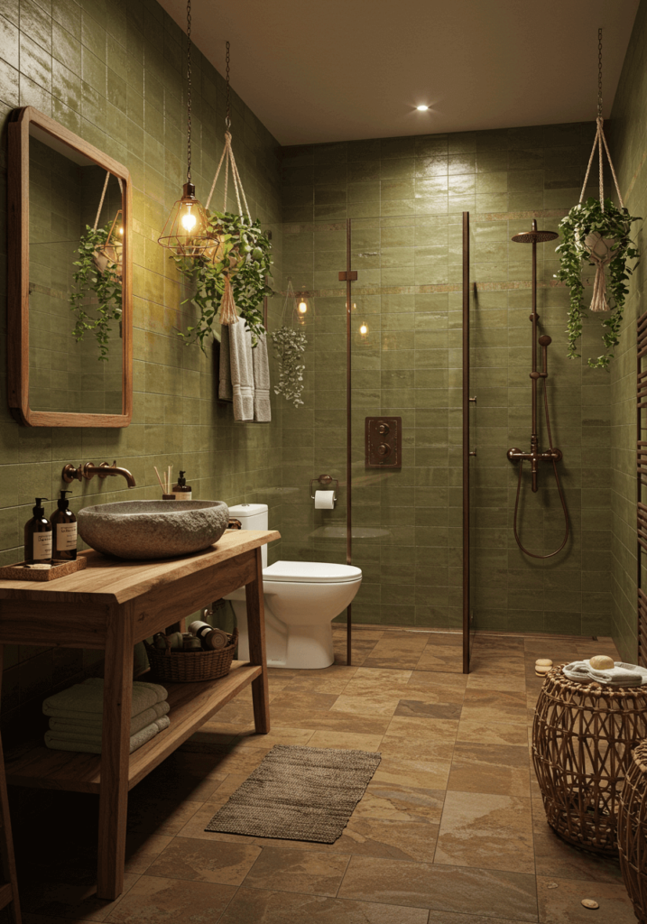 Earthy Olive Green & Brown Bathroom