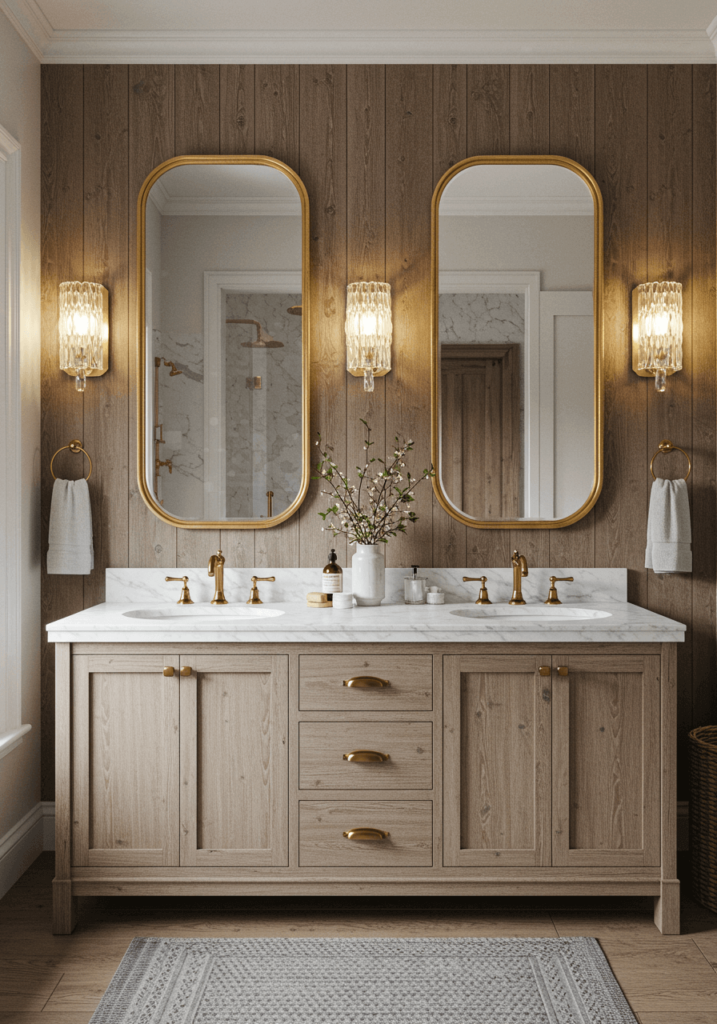 Elegant Bathroom with a Marble Vanity and Crystal Sconces