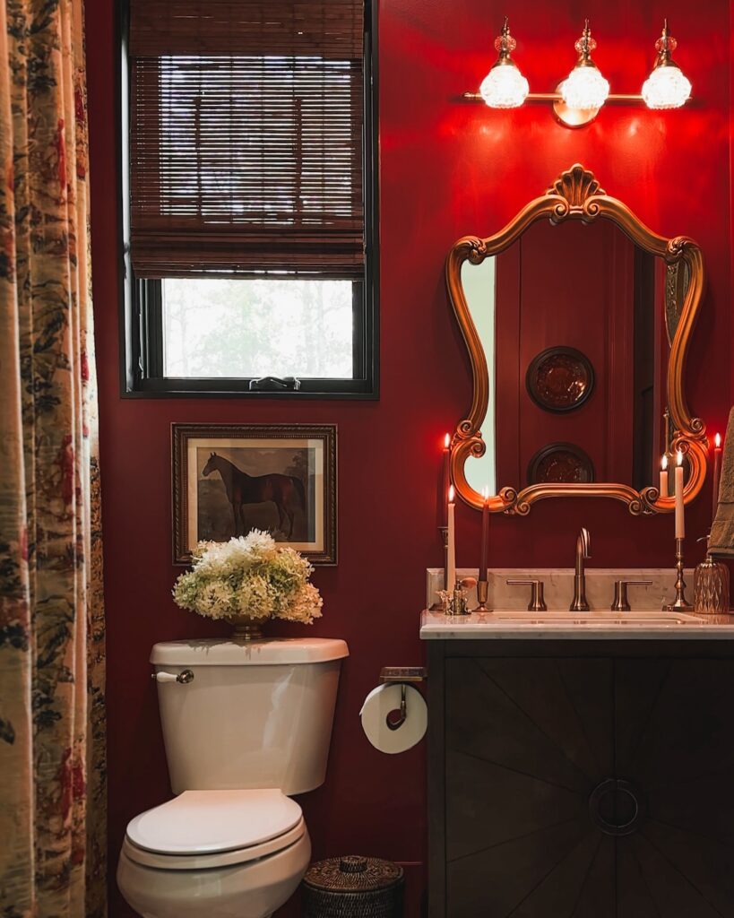 Elegant and Vintage-Inspired Red Bathroom
