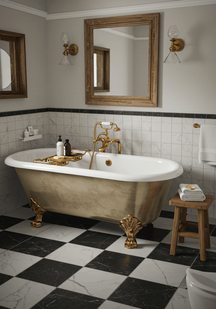 Farmhouse Bathroom with Black-and-White Tiles