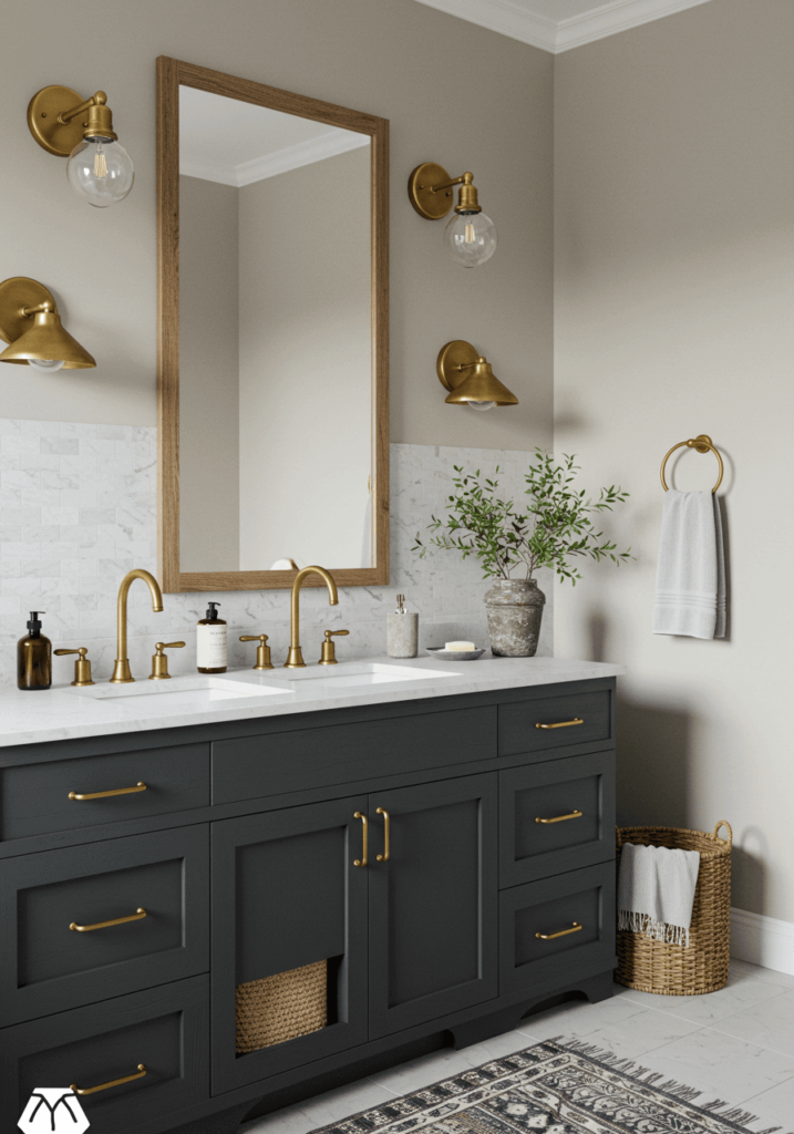 Farmhouse Bathroom with Gray Cabinets and Quartz