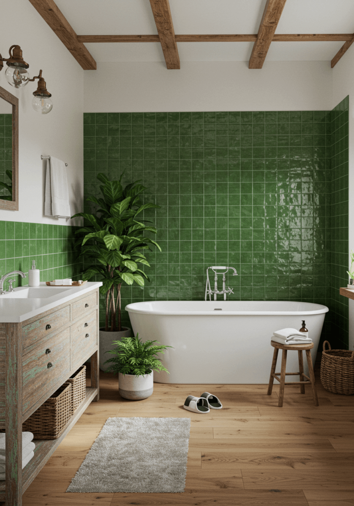 Farmhouse Bathroom with Green Tiles and a Wood Vanity