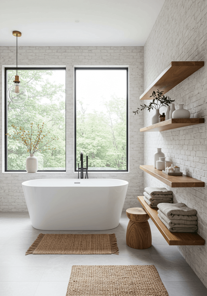 Farmhouse Bathroom with Whitewashed Brick Walls