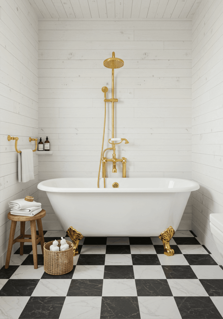 Farmhouse Bathroom with Whitewashed Walls and Gold Fixtures