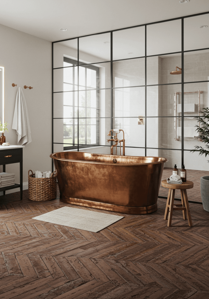  Farmhouse Bathroom with a Brick Floor and Copper Tub