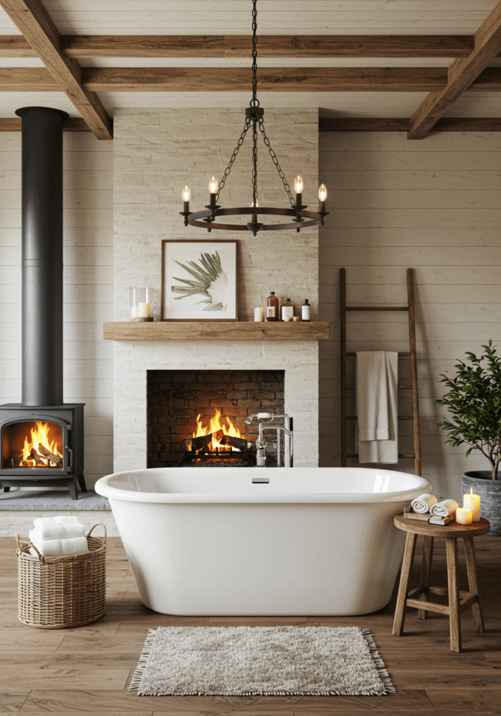 Farmhouse Bathroom with a Soaking Tub and Fireplace