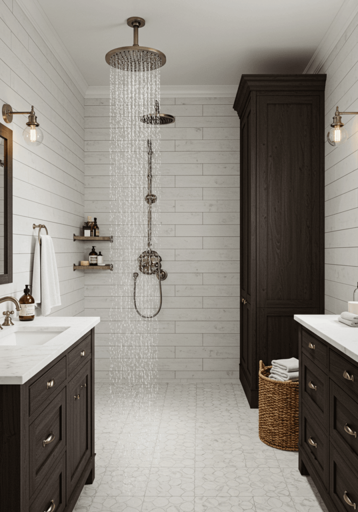 Farmhouse Bathroom with a Waterfall Shower