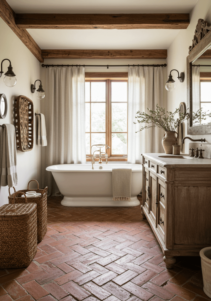 Farmhouse Clay Tile & Wood Bathroom