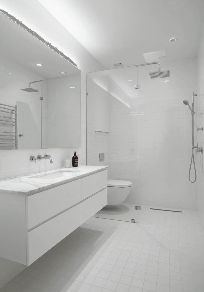 Glossy White Tiles & Floating Vanity
