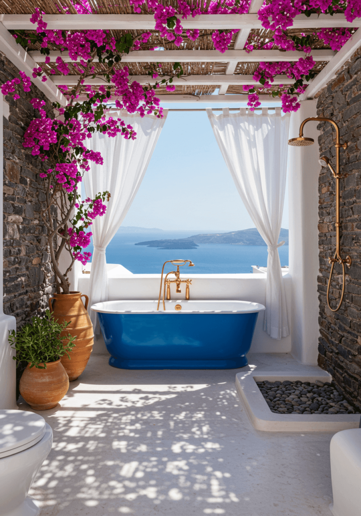 Greek Island Bath with Blue Tub & Whitewashed Walls
