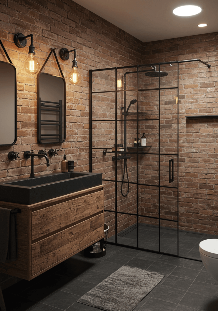 Industrial Brick & Matte Black Bathroom