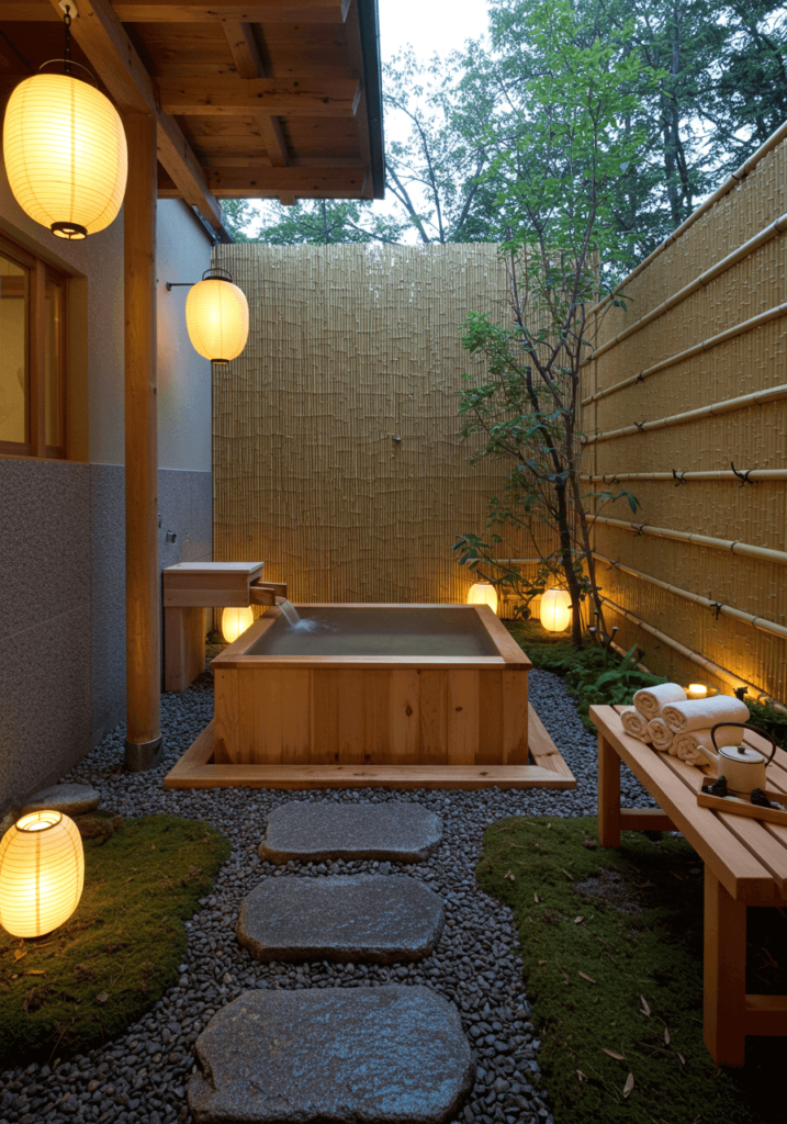 Japanese Onsen Tub with Bamboo & Lantern Lighting