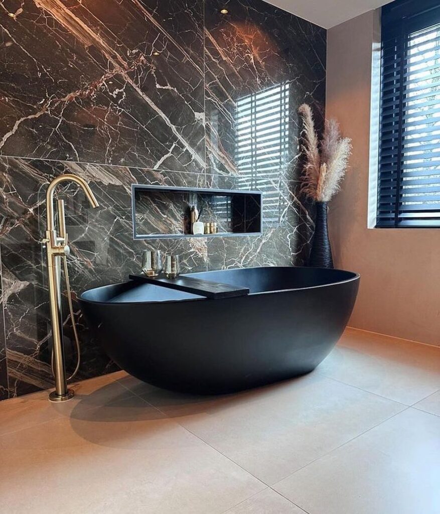 Luxurious Black Marble Bathroom with Freestanding Tub

