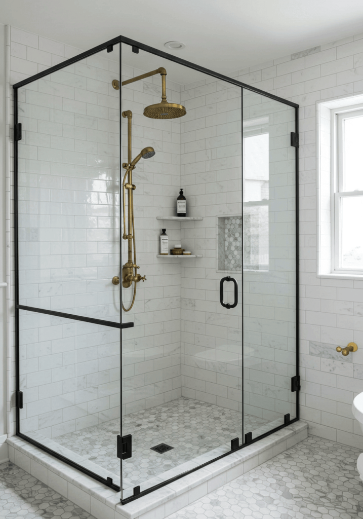 Luxurious Walk-In Shower with Steel-Framed Doors