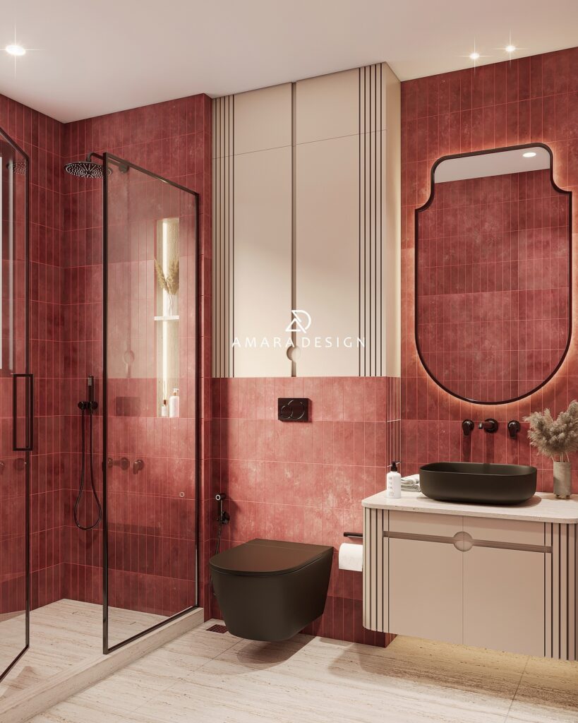 Luxury Modern Red Bathroom by Amara Design

