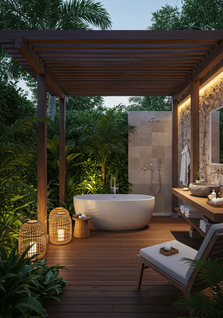 Luxury Outdoor Bath with Stone Tub & Pergola