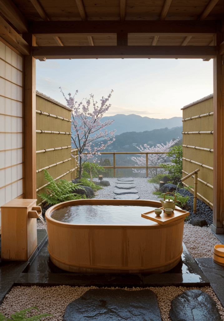 Luxury Ryokan Bath with Cedar Tub & Mountain Views
