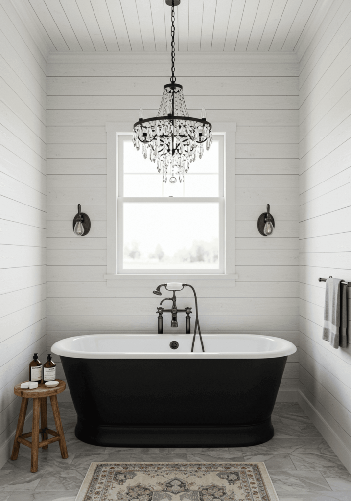 Minimalist Bathroom with a Black Tub and Chandelier