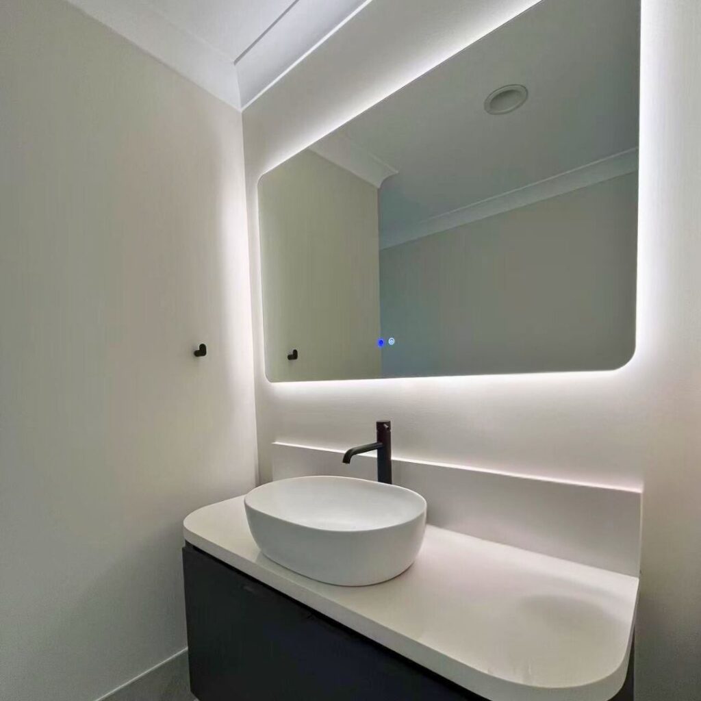 Minimalist Glow Sleek Bathroom with Backlit Mirror

