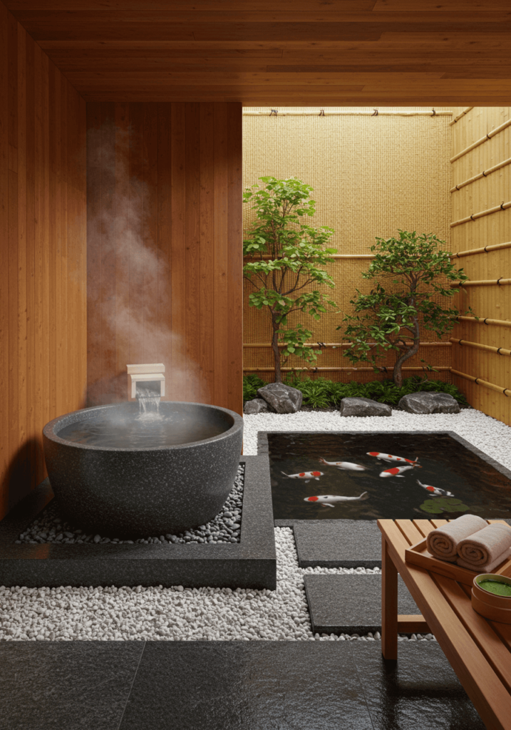 Minimalist Granite Tub with Koi Pond & Zen Vibes