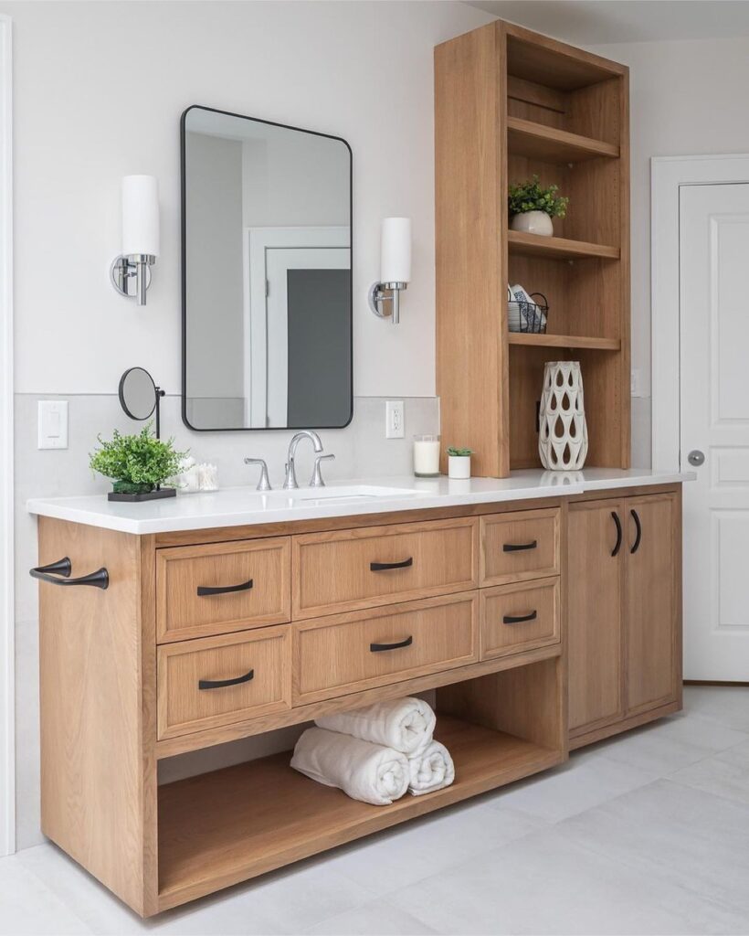 Minimalist Natural Wood Vanity with Open Storage and Built-in Shelving
