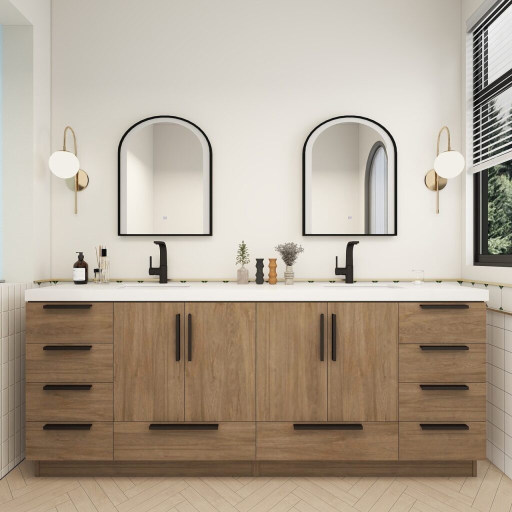 Modern Double Vanity with Warm Wood Finish