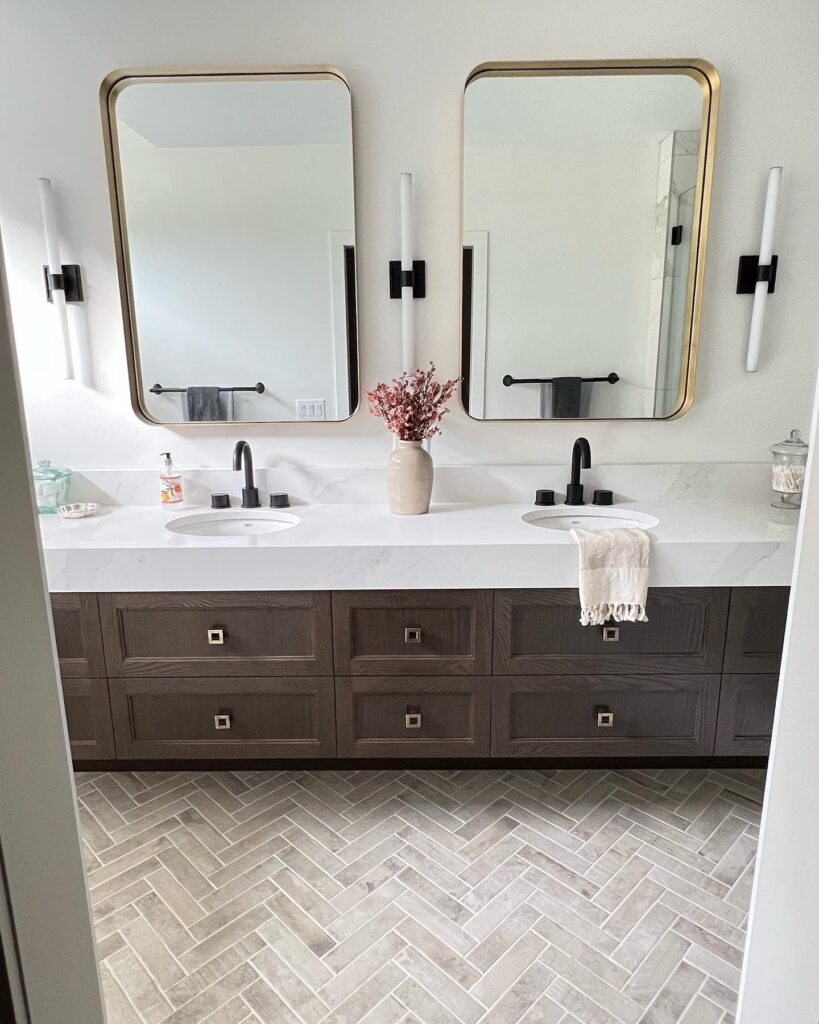 Modern Elegance Dark Wood Vanity with Brass & Matte Black Accents

