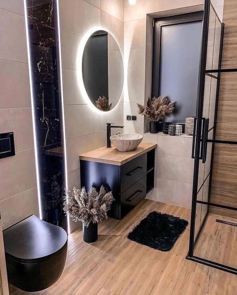 Modern Industrial Bathroom with Black Accents

