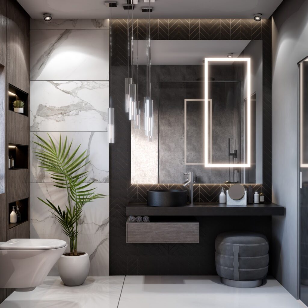Modern Luxury Bathroom with Black and White Contrast

