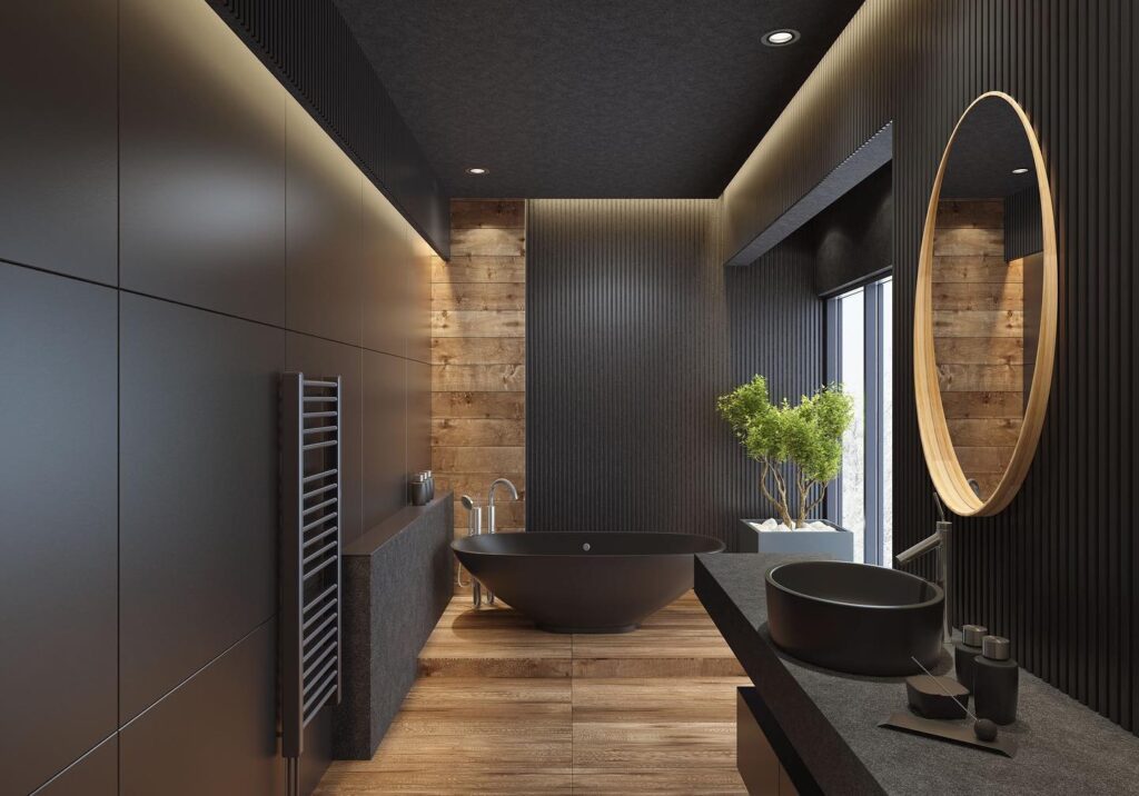 Modern Luxury Bathroom with Bold Black and Warm Wooden Accents


