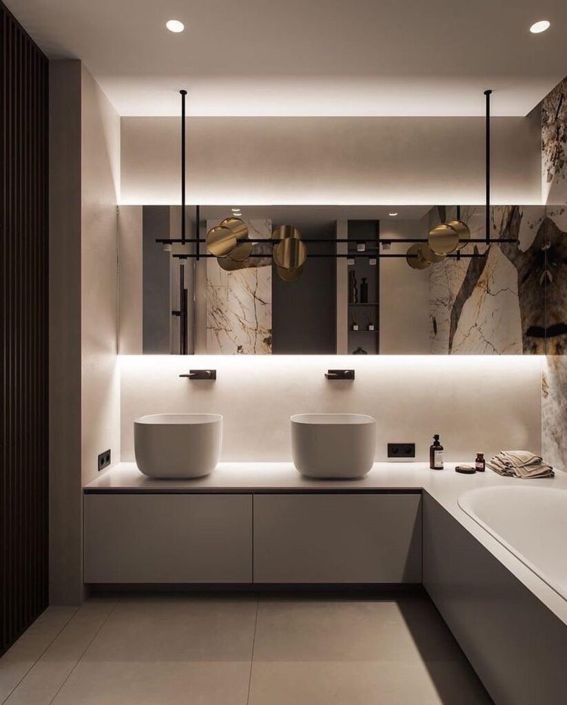 Modern Luxury Bathroom with Dramatic Lighting

