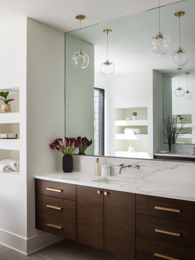 Modern Minimalist Bathroom Vanity with Globe Pendant Lights

