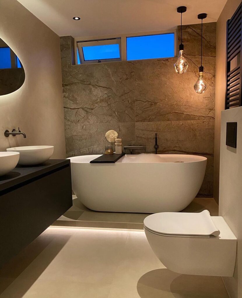 Modern Minimalist Bathroom with Natural Stone Backdrop
