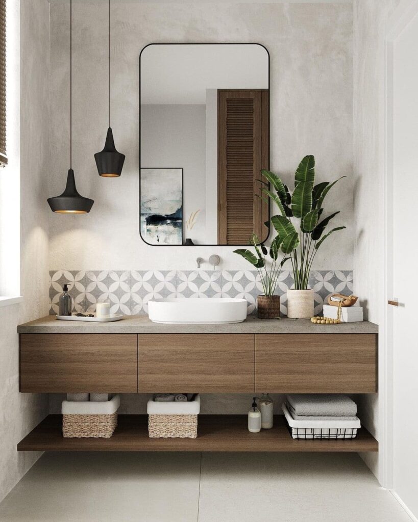 Modern Minimalist Bathroom with Warm Wooden Accents

