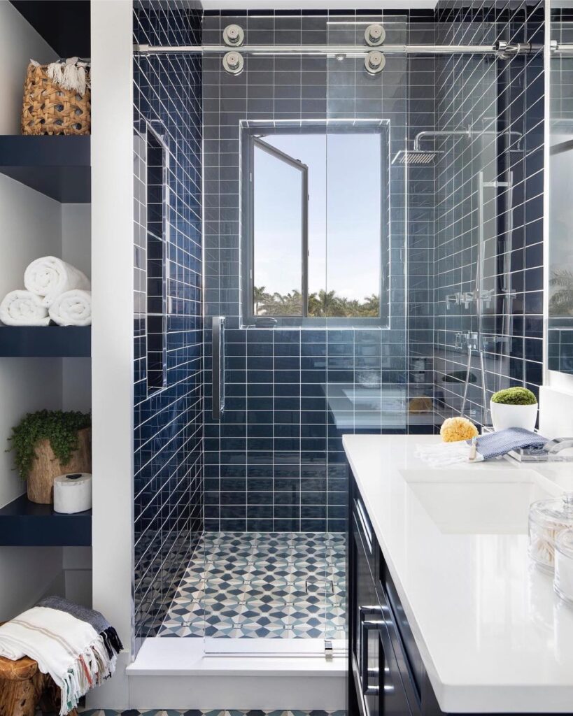 Modern Navy Blue Bathroom with Sleek Glass Shower
